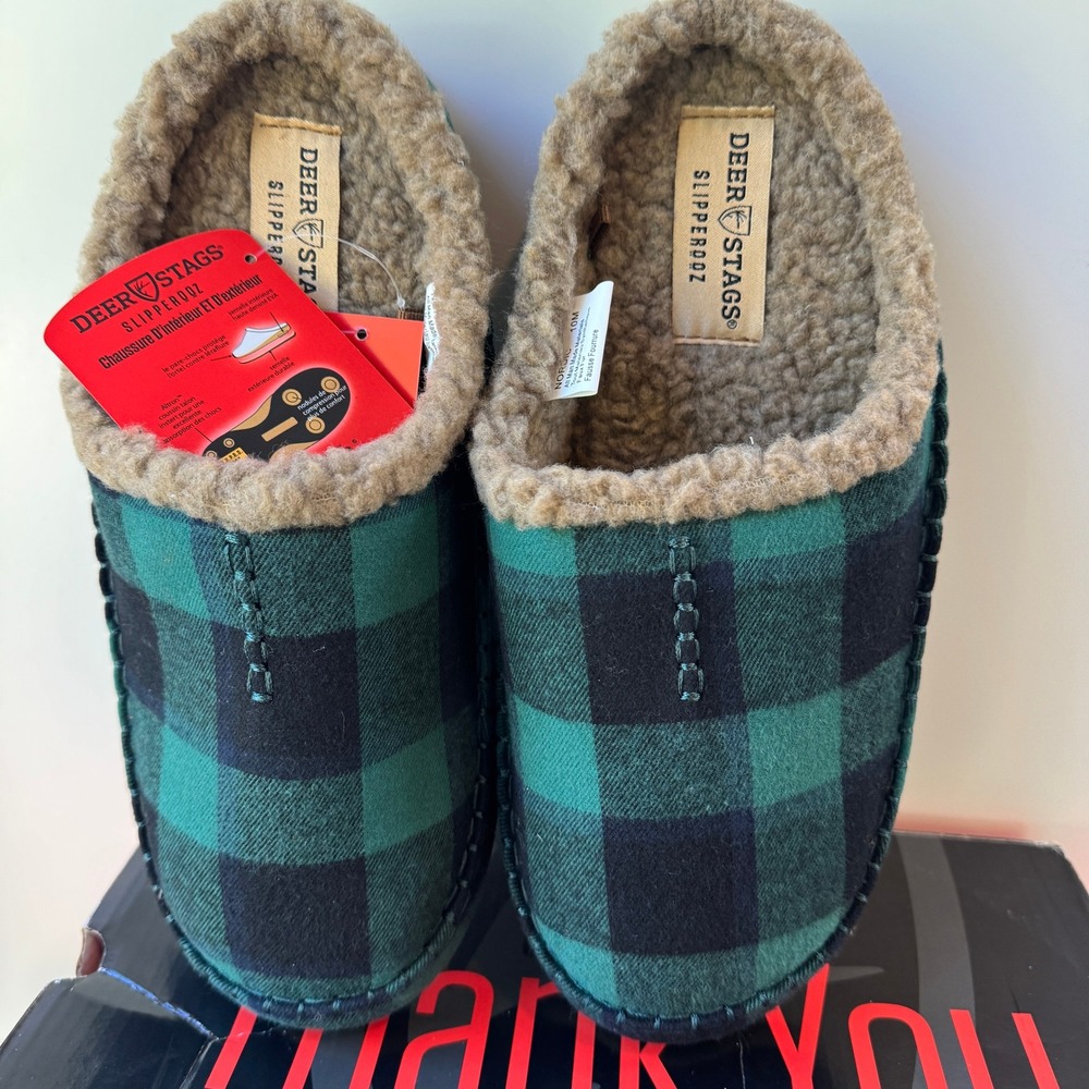 Deer Stags Nordic Slippers Mens 10 Green Black Plaid Slipperooz Clog New‎